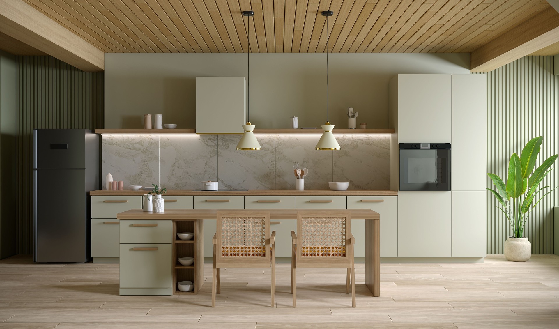 Kitchen room interior design of the space features a modern mid century style .soft green wall  and soft green counter with wooden chair ,3d render